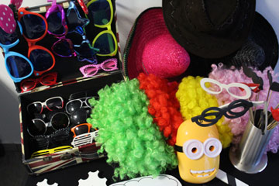 Wigs, glasses, lips, moustache, hats, caps. Funny accessories for photo booth.