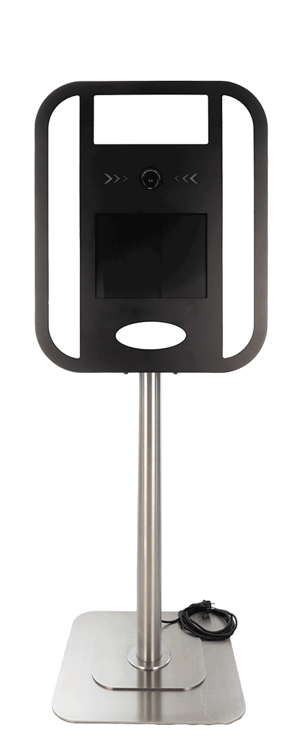 Black photo booth from aluminum. Stainless steel foot. 